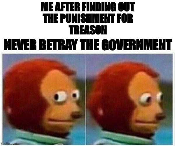 treason | ME AFTER FINDING OUT
THE PUNISHMENT FOR
TREASON; NEVER BETRAY THE GOVERNMENT | image tagged in treason | made w/ Imgflip meme maker