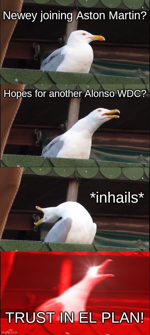 Inhaling Seagull Meme | Newey joining Aston Martin? Hopes for another Alonso WDC? *inhails*; TRUST IN EL PLAN! | image tagged in memes,inhaling seagull | made w/ Imgflip meme maker