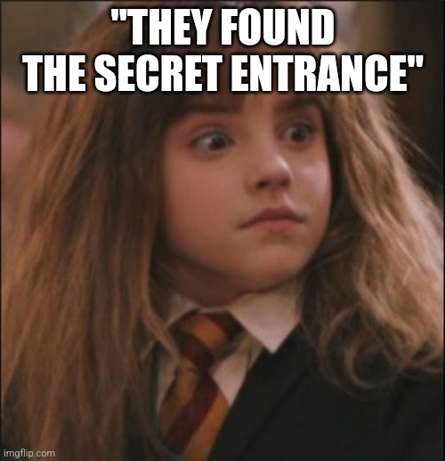 the face you make when someone says they hate harry potter | "THEY FOUND THE SECRET ENTRANCE" | image tagged in the face you make when someone says they hate harry potter | made w/ Imgflip meme maker