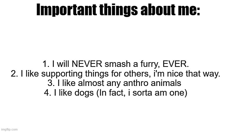 hi guys in this stream | Important things about me:; 1. I will NEVER smash a furry, EVER.
2. I like supporting things for others, i'm nice that way.
3. I like almost any anthro animals 
4. I like dogs (In fact, i sorta am one) | made w/ Imgflip meme maker