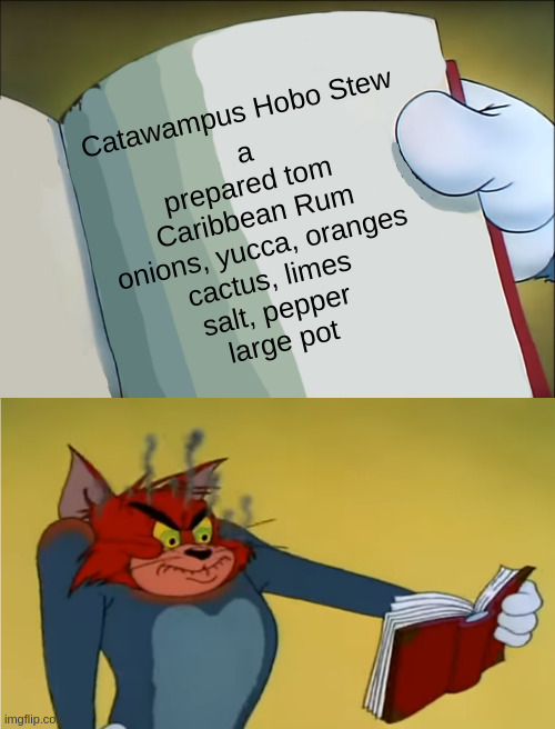 Listen, the owners know where Fluffy went | Catawampus Hobo Stew; a prepared tom
Caribbean Rum
onions, yucca, oranges
cactus, limes
salt, pepper
large pot | image tagged in angry tom reading book | made w/ Imgflip meme maker