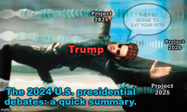 That about sums it up. | Project 2025; THEY'RE GOING TO EAT YOUR PETS; Project 2025; Trump; Project 2025; The 2024 U.S. presidential debates: a quick summary. | image tagged in matrix dodge,trump,kamala harris | made w/ Imgflip meme maker