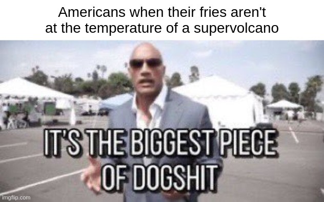 "but.. but.. mah freshness1!1" | Americans when their fries aren't at the temperature of a supervolcano | image tagged in it's the biggest piece of dogshit | made w/ Imgflip meme maker
