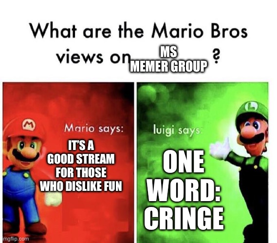 fact or fiction? | MS MEMER GROUP; IT’S A GOOD STREAM FOR THOSE WHO DISLIKE FUN; ONE WORD: CRINGE | image tagged in mario bros views | made w/ Imgflip meme maker