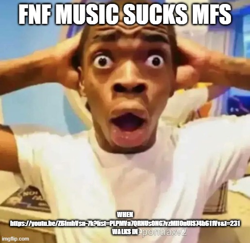 https://youtu.be/ZBfmhVsn-7k?list=PLPMVa7QRNUs0NG7vzMIfOnUlS74b611Vv&t=231 | FNF MUSIC SUCKS MFS; WHEN https://youtu.be/ZBfmhVsn-7k?list=PLPMVa7QRNUs0NG7vzMIfOnUlS74b611Vv&t=231 WALKS IN | image tagged in shocked black guy | made w/ Imgflip meme maker