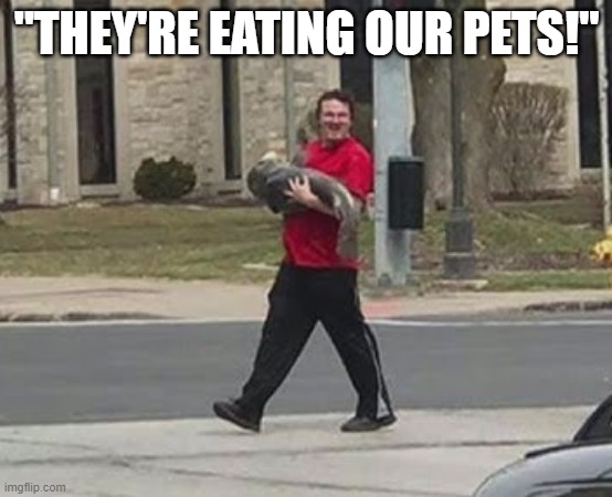 Eating our pets! | "THEY'RE EATING OUR PETS!" | image tagged in fish guy,eating our pets | made w/ Imgflip meme maker