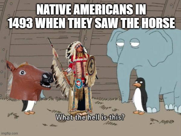 Their First Horse | NATIVE AMERICANS IN 1493 WHEN THEY SAW THE HORSE | image tagged in what the hell is this | made w/ Imgflip meme maker
