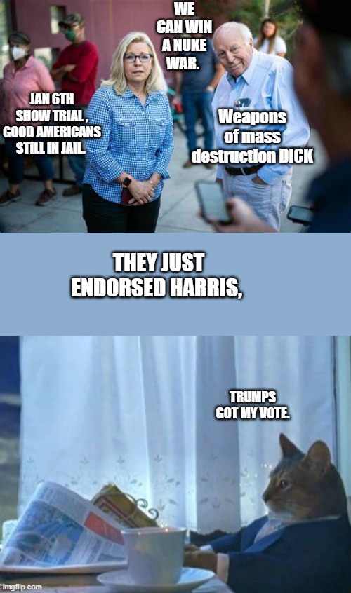 Remember you vote for Harris its a vote for DICK' s policies in IRAQ.DICK & LIZ want to save the world.. For themselves Club mem | WE CAN WIN A NUKE WAR. Weapons of mass destruction DICK; JAN 6TH SHOW TRIAL , GOOD AMERICANS STILL IN JAIL. THEY JUST ENDORSED HARRIS, TRUMPS GOT MY VOTE. | image tagged in memes,i should buy a boat cat | made w/ Imgflip meme maker
