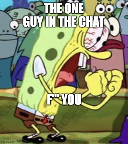 yelling spongebob | THE ONE GUY IN THE CHAT; F''' YOU | image tagged in yelling spongebob | made w/ Imgflip meme maker