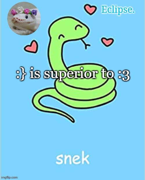 reminds me of snek face | :} is superior to :3 | image tagged in h | made w/ Imgflip meme maker