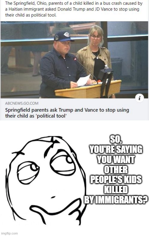 It's Not a Political Tool if It's Something That Keeps Happening... | SO, YOU'RE SAYING YOU WANT OTHER PEOPLE'S KIDS KILLED BY IMMIGRANTS? | image tagged in hmmm | made w/ Imgflip meme maker