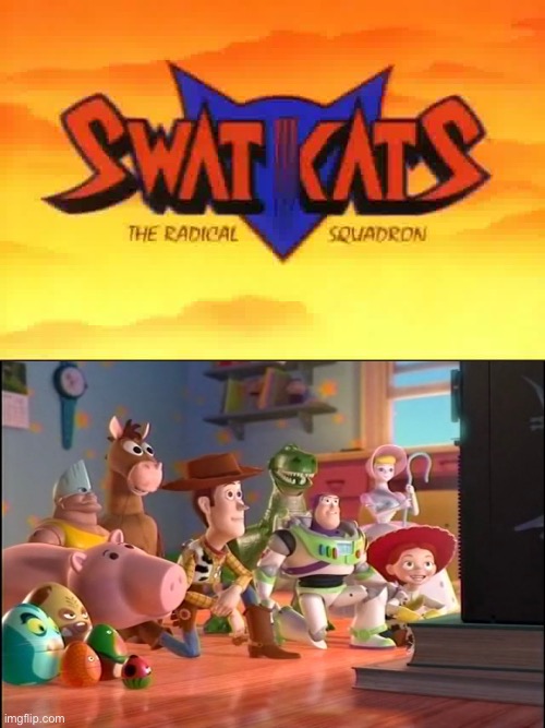 The Toy Story Gang Watch Swat Kats | image tagged in toy story,cartoon network,warner bros,90s,warner bros discovery,cats | made w/ Imgflip meme maker