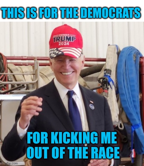 JOE ENDORSED TRUMP | THIS IS FOR THE DEMOCRATS; FOR KICKING ME
 OUT OF THE RACE | image tagged in joe biden,president trump,democrats,politics | made w/ Imgflip meme maker