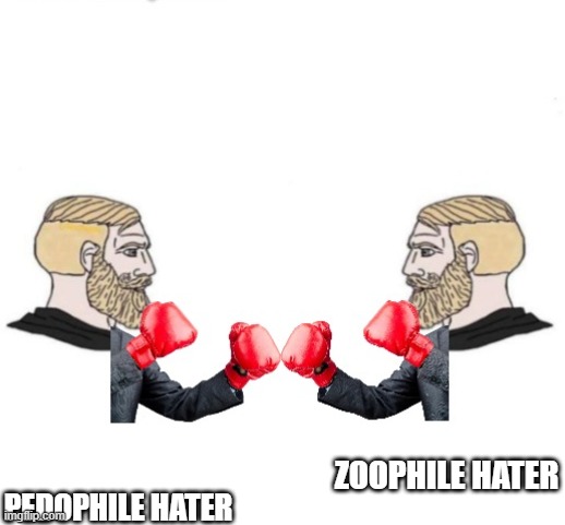 chad vs chad | ZOOPHILE HATER; PEDOPHILE HATER | image tagged in chad vs chad | made w/ Imgflip meme maker