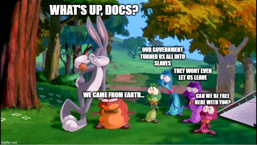 Earth in a meme nutshell | WHAT'S UP, DOCS? OUR GOVERNMENT
TURNED US ALL INTO
SLAVES; THEY WONT EVEN
LET US LEAVE; WE CAME FROM EARTH... CAN WE BE FREE
HERE WITH YOU? | image tagged in memes,funny memes | made w/ Imgflip meme maker