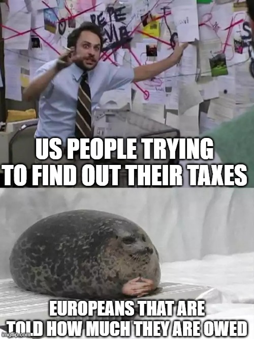 Man explaining to seal | US PEOPLE TRYING TO FIND OUT THEIR TAXES; EUROPEANS THAT ARE TOLD HOW MUCH THEY ARE OWED | image tagged in man explaining to seal | made w/ Imgflip meme maker