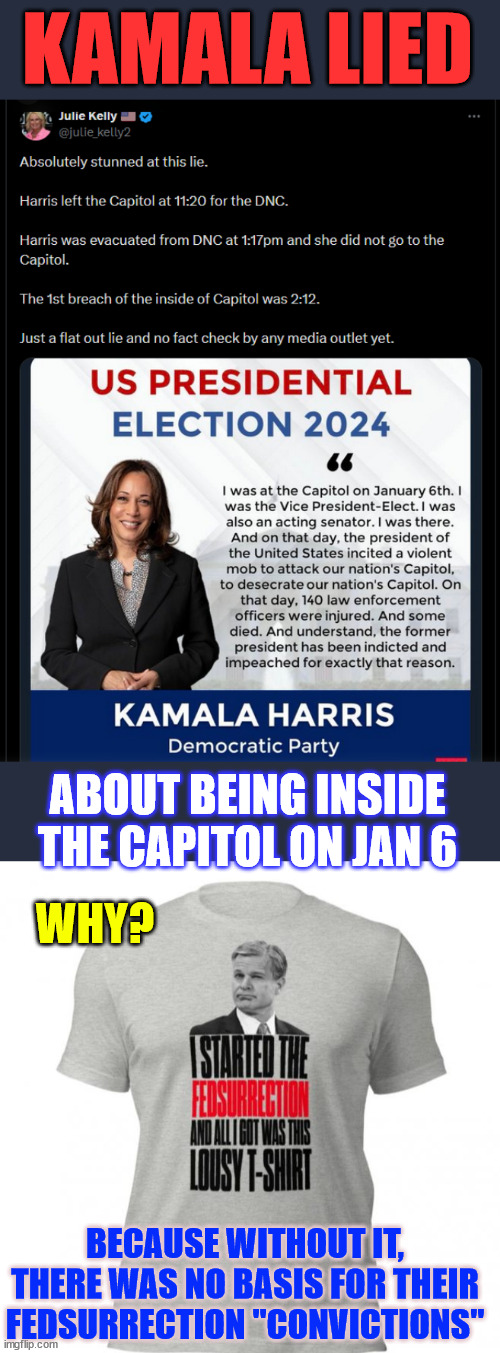 Kamala lied a lot... but this one is really bad... | KAMALA LIED; ABOUT BEING INSIDE THE CAPITOL ON JAN 6; WHY? BECAUSE WITHOUT IT, THERE WAS NO BASIS FOR THEIR FEDSURRECTION "CONVICTIONS" | image tagged in kamala harris,liar,fedsurrection convictions,based on her lie | made w/ Imgflip meme maker