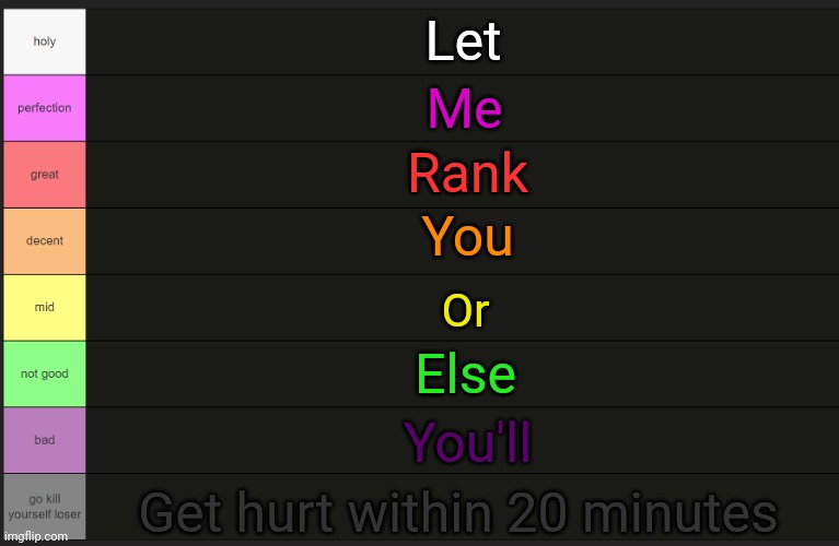 Ayden's tier list | Let; Me; Rank; You; Or; Else; You'll; Get hurt within 20 minutes | image tagged in ayden's tier list | made w/ Imgflip meme maker