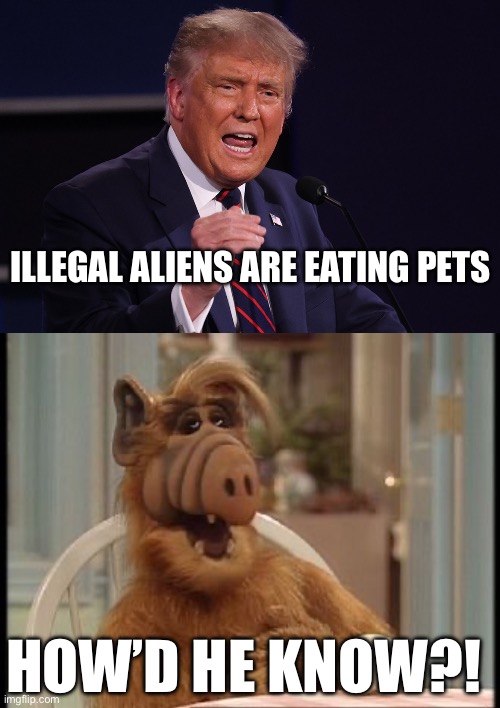 Aliens | ILLEGAL ALIENS ARE EATING PETS; HOW’D HE KNOW?! | image tagged in donald trump | made w/ Imgflip meme maker