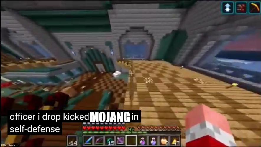 officer i drop kicked that child in self-defense | MOJANG | image tagged in officer i drop kicked that child in self-defense | made w/ Imgflip meme maker