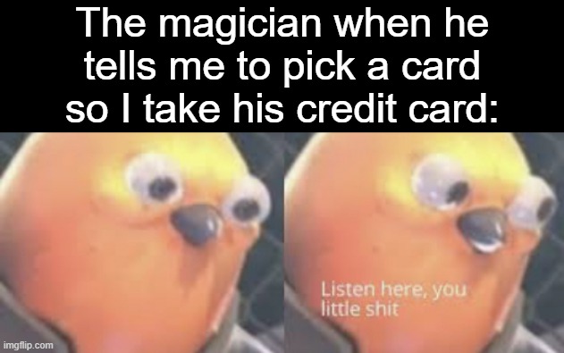 hey, that's my money! NUH UH YOU SAID ANY CARD | The magician when he
tells me to pick a card
so I take his credit card: | image tagged in listen here you little shit bird,magician,magic,credit card | made w/ Imgflip meme maker