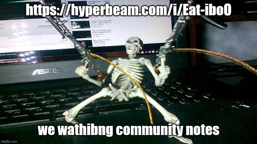 https://hyperbeam.com/i/Eat-iboO | https://hyperbeam.com/i/Eat-iboO; we wathibng community notes | image tagged in skeleton shooting minijun | made w/ Imgflip meme maker