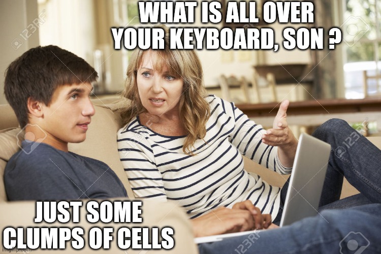 Mother and son | WHAT IS ALL OVER YOUR KEYBOARD, SON ? JUST SOME CLUMPS OF CELLS | image tagged in mother and son | made w/ Imgflip meme maker