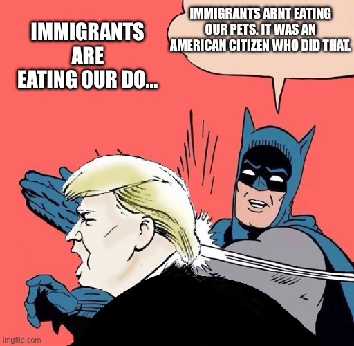 They’ll believe anything. | IMMIGRANTS ARNT EATING OUR PETS. IT WAS AN AMERICAN CITIZEN WHO DID THAT. IMMIGRANTS ARE EATING OUR DO… | image tagged in batman slaps trump,conservatives,kamala harris,donald trump,presidential debate | made w/ Imgflip meme maker