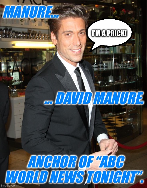 MANURE…; I’M A PRICK! … DAVID MANURE. ANCHOR OF “ABC WORLD NEWS TONIGHT”. | made w/ Imgflip meme maker