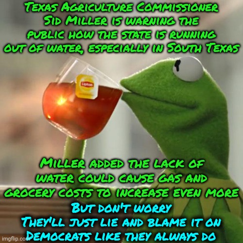 Texas Is In Trouble | Texas Agriculture Commissioner Sid Miller is warning the public how the state is running out of water, especially in South Texas; Miller added the lack of water could cause gas and grocery costs to increase even more; But don't worry
They'll just lie and blame it on Democrats like they always do | image tagged in memes,but that's none of my business,kermit the frog,texas,maga,white supremacists | made w/ Imgflip meme maker