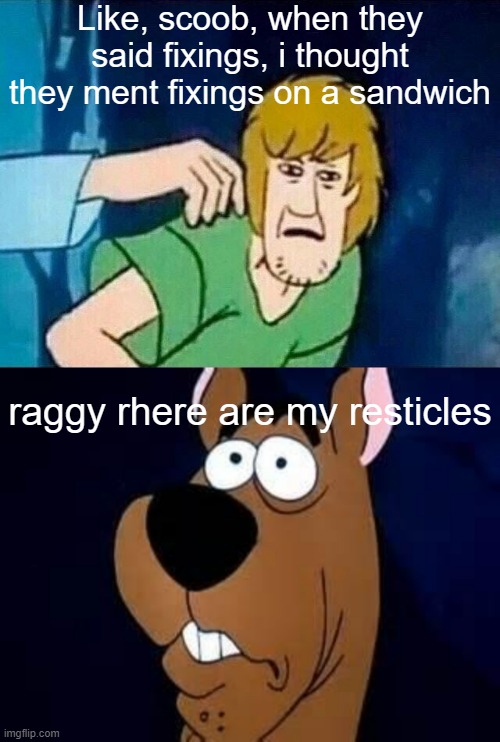 title | Like, scoob, when they said fixings, i thought they ment fixings on a sandwich; raggy rhere are my resticles | image tagged in scooby doo shaggy,scooby doo surprised | made w/ Imgflip meme maker