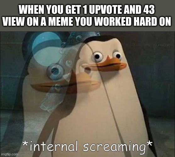 literally everything | WHEN YOU GET 1 UPVOTE AND 43 VIEW ON A MEME YOU WORKED HARD ON | image tagged in private internal screaming,scream,upvotes,yay | made w/ Imgflip meme maker