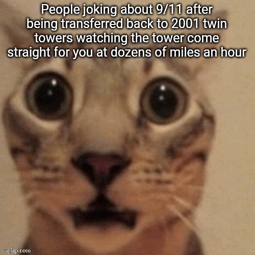 in shock | People joking about 9/11 after being transferred back to 2001 twin towers watching the tower come straight for you at dozens of miles an hour | image tagged in in shock | made w/ Imgflip meme maker