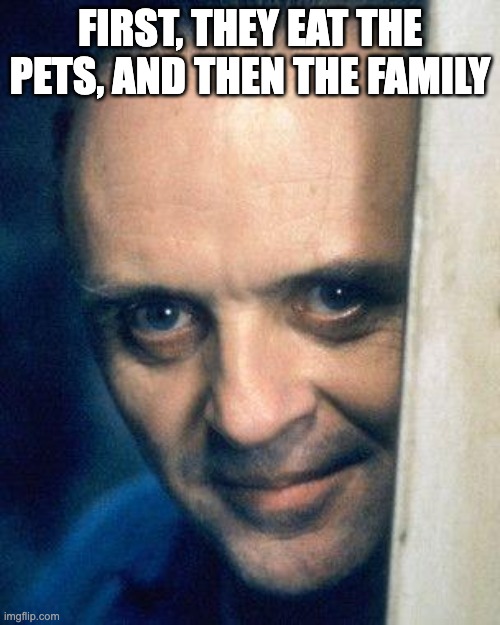 pets and cats and dogs | FIRST, THEY EAT THE PETS, AND THEN THE FAMILY | image tagged in http //images5 fanpop com/image/photos/29700000/hannibal-lecter-,hannibal lecter | made w/ Imgflip meme maker