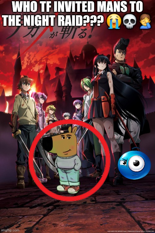 DAWG THINK HE ON THE TEAM!!! ???‍♂️ | WHO TF INVITED MANS TO THE NIGHT RAID??? 😭💀🤦‍♂️ | image tagged in akame ga kill,chill guy,anime | made w/ Imgflip meme maker