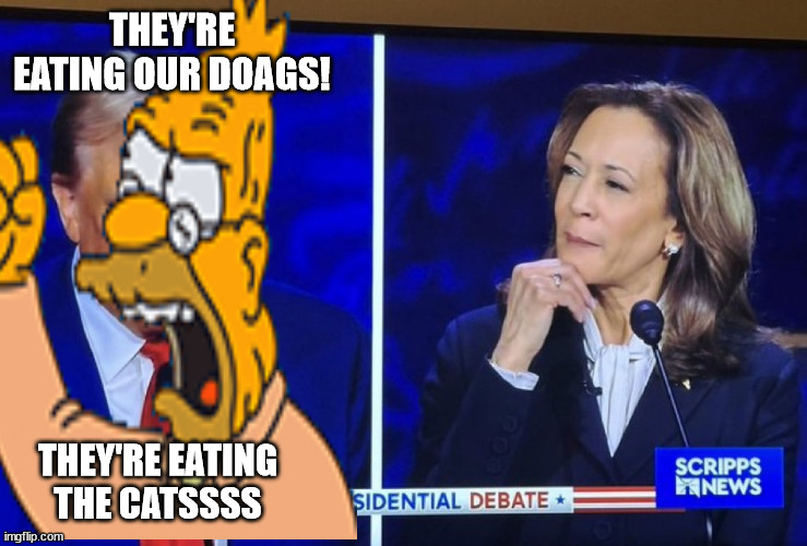 Trump Kamala think | THEY'RE EATING OUR DOAGS! THEY'RE EATING THE CATSSSS | image tagged in trump kamala think | made w/ Imgflip meme maker