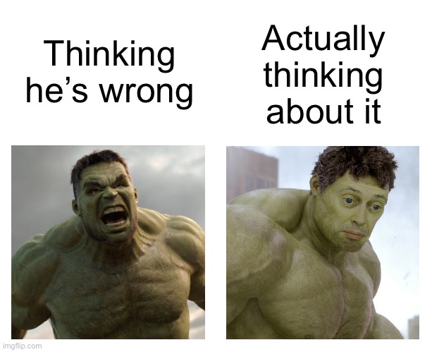 Hulk angry then realizes he's wrong | Thinking he’s wrong Actually thinking about it | image tagged in hulk angry then realizes he's wrong | made w/ Imgflip meme maker