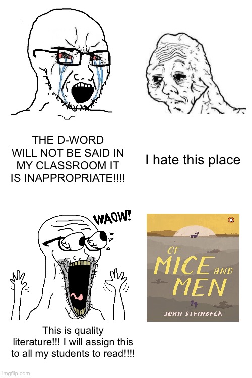 THE D-WORD WILL NOT BE SAID IN MY CLASSROOM IT IS INAPPROPRIATE!!!! I hate this place; This is quality literature!!! I will assign this to all my students to read!!!! | made w/ Imgflip meme maker