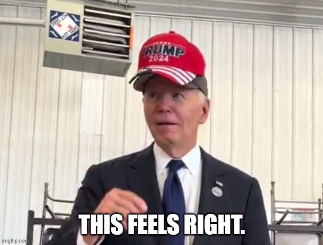 Biden Wears Trump Hat | THIS FEELS RIGHT. | image tagged in biden wears trump hat | made w/ Imgflip meme maker