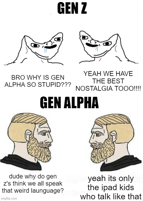 WE GEN ALPHA HAVE FEELINGS TOO!!! | GEN Z; YEAH WE HAVE THE BEST NOSTALGIA TOOO!!!! BRO WHY IS GEN ALPHA SO STUPID??? GEN ALPHA; dude why do gen z's think we all speak that weird launguage? yeah its only the ipad kids who talk like that | image tagged in gen z,gen alpha | made w/ Imgflip meme maker