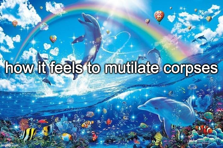 this is peak | how it feels to mutilate corpses | image tagged in happy dolphin rainbow | made w/ Imgflip meme maker