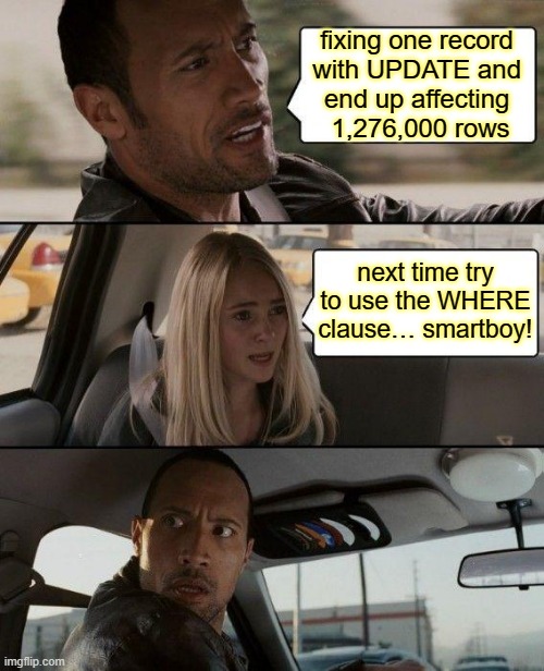 where clause | fixing one record 
with UPDATE and 
end up affecting 
1,276,000 rows; next time try to use the WHERE clause… smartboy! | image tagged in memes,sql,update | made w/ Imgflip meme maker