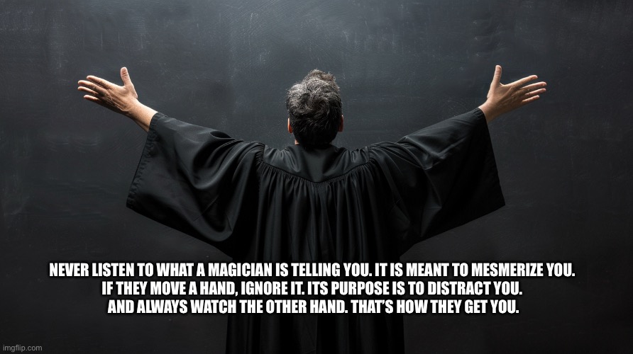 Never Trust a Magician | NEVER LISTEN TO WHAT A MAGICIAN IS TELLING YOU. IT IS MEANT TO MESMERIZE YOU. 

IF THEY MOVE A HAND, IGNORE IT. ITS PURPOSE IS TO DISTRACT YOU. 

AND ALWAYS WATCH THE OTHER HAND. THAT’S HOW THEY GET YOU. | image tagged in dark magician | made w/ Imgflip meme maker