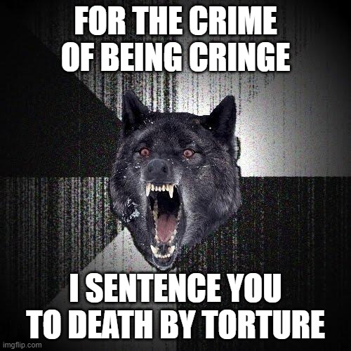 Insanity Wolf | FOR THE CRIME OF BEING CRINGE; I SENTENCE YOU TO DEATH BY TORTURE | image tagged in memes,insanity wolf | made w/ Imgflip meme maker