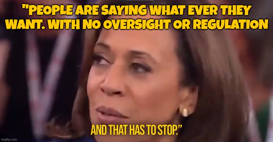 Kamala harris quote | "PEOPLE ARE SAYING WHAT EVER THEY WANT. WITH NO OVERSIGHT OR REGULATION | image tagged in kamala harris,vice president,naga,make america great again,free speech,second amendment | made w/ Imgflip meme maker