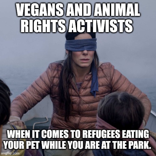 Bird Box Meme | VEGANS AND ANIMAL RIGHTS ACTIVISTS; WHEN IT COMES TO REFUGEES EATING YOUR PET WHILE YOU ARE AT THE PARK. | image tagged in memes,bird box,blind,hypocrisy,democrats,corruption | made w/ Imgflip meme maker