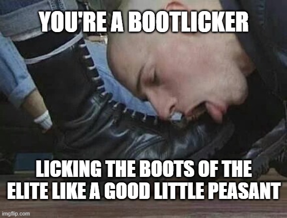 Bootlicker | YOU'RE A BOOTLICKER; LICKING THE BOOTS OF THE ELITE LIKE A GOOD LITTLE PEASANT | image tagged in bootlicker | made w/ Imgflip meme maker