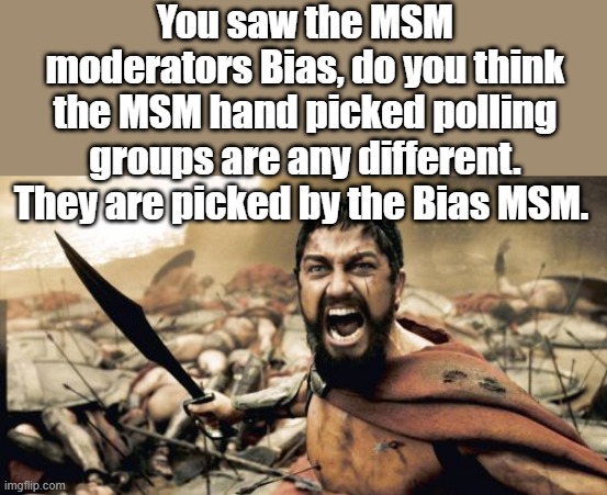 They lieing to you again. | You saw the MSM moderators Bias, do you think the MSM hand picked polling groups are any different. They are picked by the Bias MSM. | image tagged in memes,sparta leonidas | made w/ Imgflip meme maker