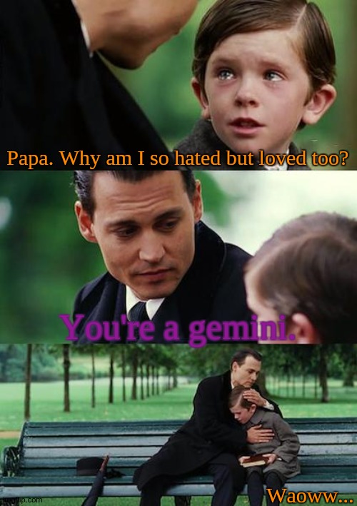 True. | Papa. Why am I so hated but loved too? You're a gemini. Waoww... | image tagged in memes,finding neverland | made w/ Imgflip meme maker