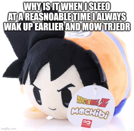 Radium would smash this | WHY IS IT WHEN I SLEEO AT A REASNOABLE TIME I ALWAYS WAK UP EARLIER AND MOW TRJEDR | image tagged in radium would smash this | made w/ Imgflip meme maker